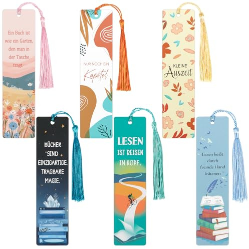 BETESSIN Ästhetische Lesezeichen Papier - 6x Lesezeichen mit Sprüchen & Quasten - Give Aways Erwachsene - Kleine Geschenke für Schüler, Einschulung, Buchliebhaber
