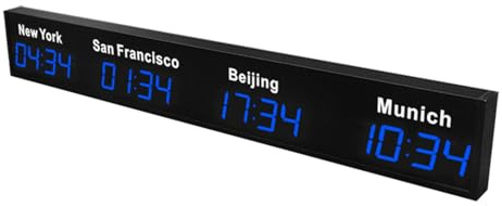 Horloge mondiale numérique LED – Horloge murale multi-fuseaux horaires pour bureau/maison/école, affiche l'heure pour 3/4/5 villes, parfaite pour le salon, 4 zones de ville, couleur bleue