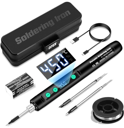 Daakro Kabelloser USB Lötkolben Set mit LCD Display - Temperatur Einstellbar 180-450°C, mit 3 Lötspitzen & Zubehör - Lötset für Reparaturen & Elektronik (Schwarz)