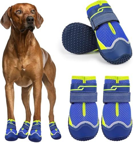 Weesiber Hundeschuhe Pfotenschutz, 4 Stück rutschfeste Hundestiefel mit Reflektierenden Riemen und Verschleißfester Gummisohle, Pfotenschutz für Kleine, Mittlere und Große Hunde (Blau, Größe 7)