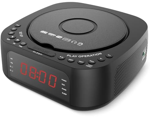 Tosuny CD-spelare Väckarklocka, Cd-klockradio med Fjärrkontroll, Bluetooth-högtalare och Dubbla Larm, Dimbar Display med Insomningstimer för Sovrummet, USB-laddare Ingår (BLACK)