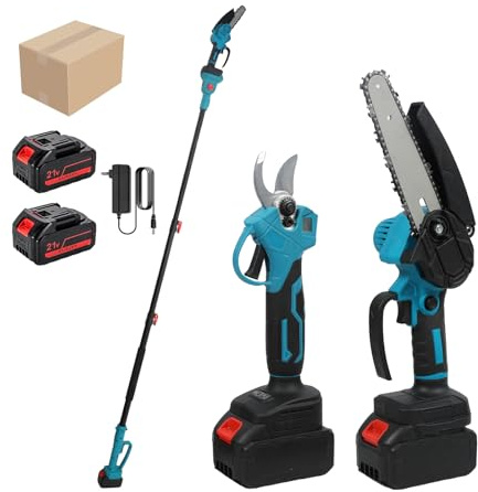 Mini TronçOnneuse 6 Pouces et SéCateur éLectrique Sans Fil,Secateur Telescopique Electrique & Sécateur avec 2 Batteries,3 En 1 Ensemble D'Outils De Jardinage,600 W Moteur Sans Balai (2 Batteries)