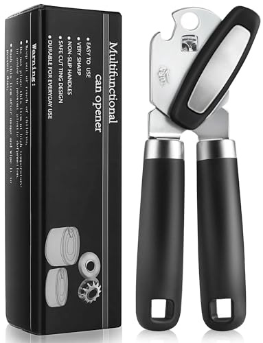 RICKUNCL Tin Opener Manual, Multifunctional Stainless Steel Heavy Duty Can Opener Handheld, Easy Turn Knob & Bottle Opener, Can Opener that Works for Arthritis Hands – Black