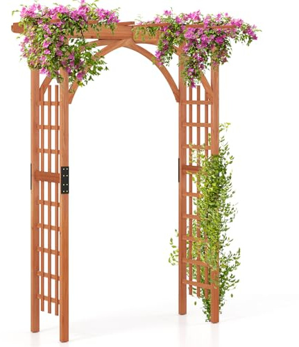 COSTWAY Arche de Jardin en Bois pour Plantes Grimpantes, Arceau à Rosiers en Treillis Extérieur 160x60x217CM, Support de Toile de Fond Élégant, Décoration Mariage Fête et Cérémonie (Naturel)