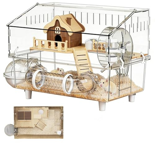 Käfig für Hamster, transparenter mit zwei Etagen für Kleintiere, mit Flasche und hygienischer Ecke, für die Beobachtung von Haustieren, klein für den Innen- und Außenbereich