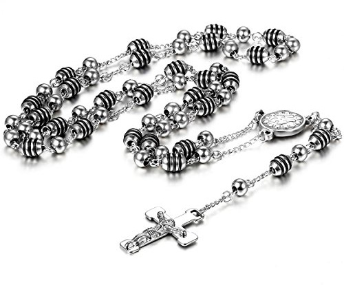Cupimatch, collana unisex in acciaio inox, inspirata dal rosario della tradizione cristiana e cattolica, con ciondolo a forma di crocifisso e catena con perline, colore: nero e argento