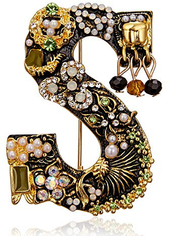 RINHOO Crystal Pearl Initial Brooch Gold Plated Enamel Colorful Letter Alphabet Breastpin Pin Jewelry for GIFTS (Letter -S)
