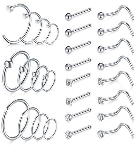 LAURITAMI 28pcs Nose Studs Silver Nose Rings Stainless Steel Thin Nose Bar Screw Hoop Set Diamond 18G 20G 6/8/10/12mm L-Shaped Nose Piercing Jewellery