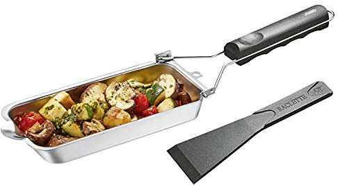 GEFU Grillpfännchen BBQ - Edelstahl Mini-Grillpfanne mit Schaber & Ausguss | Ideal für Gemüse, Garnelen und Tapas. Spülmaschinengeeignet, mit abnehmbarem Griff und platzsparender Klappfunktion.