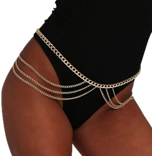 Sttiafay Körperkette mit Strasssteinen im Boho-Stil, mehrreihig, mit langer Quaste, goldfarben, sexy Bikini Beach-Harness Körperschmuck für Frauen und Mädchen
