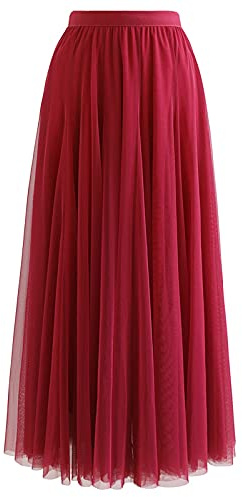 CHICWISH Dam lila/kräm/grå/rosa/svart lager nät balett bal party tyll tutu A-linje maxikjol, röd, L