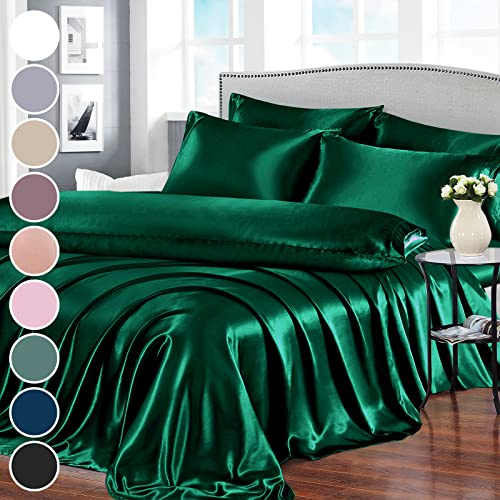 Homiest 7pcs Satin Sheets Queen Size Bed Set - Blackish Green Luxury Silky Satin Bedding - 1 Deep Pocket Fitted Sheet, 1 Soft Flat Sheet, 4 Pillowcases, 1 Body Pillowcase