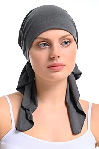 Vorgebundenes Bambus Bandana für Damen – Chemo Kopfbedeckung bei Haarausfall, atmungsaktives Tuch aus Bambus & Baumwolle, weiches Kopftuch für empfindliche Kopfhaut (Anthrazit)