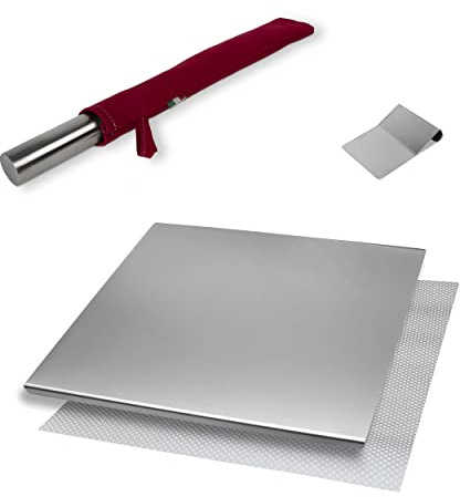 INOXLM BOX 3 PEZZI Tagliere/Spianatoia+tarocco/spatola+Mattarello custodia in tessuto|Piano di lavoro in Acciaio Inox Varie Misure per Cucina Bar Ristorante|Piano Made in Italy (40x50, Custodia Rossa)
