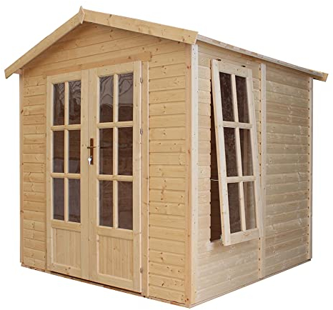 Ufficio in legno da giardino con tegole bituminose di colore rosso W233xD222xH233cm, Cabina da giardino, Capanno giardino chiudibile, Home office, Studio giardino TIMBELA M351FB