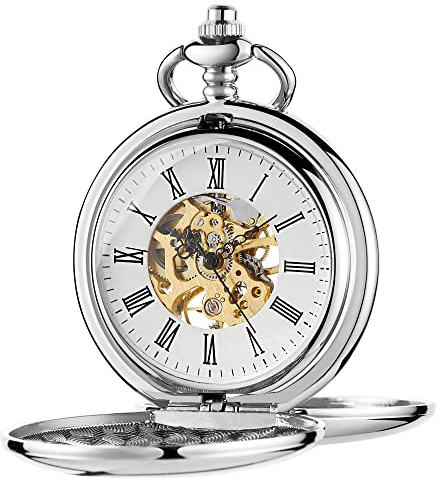 Tiong Silver Double Open Mechanical Pocket Watch with Engraved Roman Numeral Dial for Men