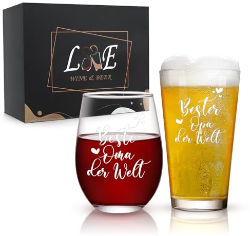 Joymaking Opa und Oma Geschenke - Beste Opa & Oma der Welt, Weinglase- und Bierglaseset zum Weihnachten, Geburtstag, Hochzeit oder Jahrestag