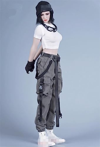 1/6 Weibliche Kleidung, Weibliches T-Shirt Hose Hose Handschuh Gürtel Overalls Kostüm Outfit Kleidung für 12inch Soldat Action Figur Körper (Weißes Hemd+Graue Hose)