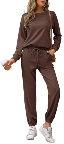 REORIA Women Long Sleeve Crew Neck Two Piece Tracksuit Set Coffee S