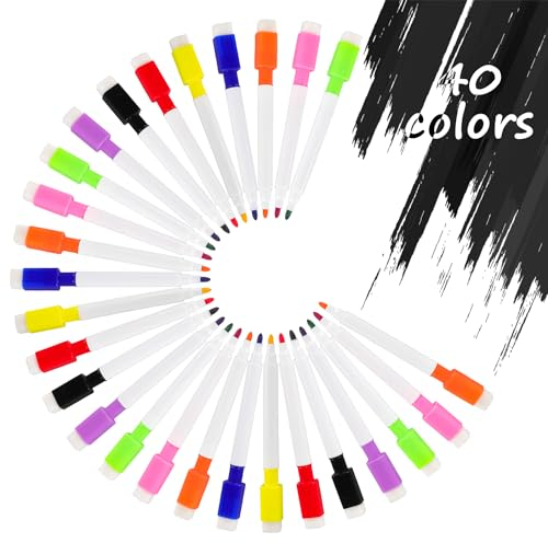 Fyihoxi 40 Stück Whiteboard Marker Set, Bunt Folienstift Abwischbar, Whiteboard Stifte mit Schwamm Magnetisch, Kreidestifte für Fenster für Zuhause Schule Büro, Runde Spitze 1-2 mm