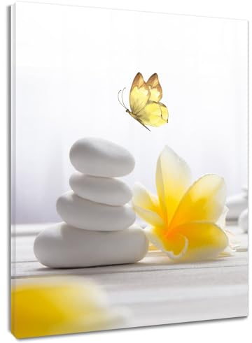 LB White Zen Stones Wall Art,Yellow Flower Aesthetic Room Decor,12Wx16Hinch | Japanese Wooden Framed Artwork,Butterfly Wall Decor,Canvas,for Living Room Bedroom Bathroom Kitchen Hallway Garden Dorm
