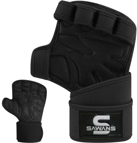 SAWANS Weight Lifting Gloves Padded Palm Protector Powerlifting Gym Gloves Men Women Wrist Support Exercise Fitness Workout Gloves Pull Ups Bodybuilding Essentials Hand Grip Training (Black, S)