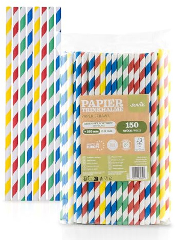 Mank Umweltfreundliche Papiertrinkhalme, Jumbo Pappstrohhalme für Partys & Hochzeiten, in recycelbarem Folienbeutel, Strohhalme (150, Gelb, Rot, Grün, Blau gestreift, Ø 8 mm / 25 cm)