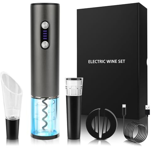 Electric Wine Opener Wine Gifts Bottle Openers Kit with Foil Cutter, Wine Aerator Pourer, Vacuum Stopper USB C Rechargeable Cordless Electric Wine Corkscrew Gift Set