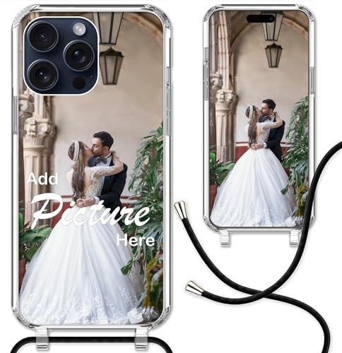CoverHeld iPhone 15 Pro Max Handyhülle mit Band selbst gestalten aus Silikon Hülle mit deinem Bild/Design personaliseren und einzigartig Machen/Handykette Kordel Band in Schwarz