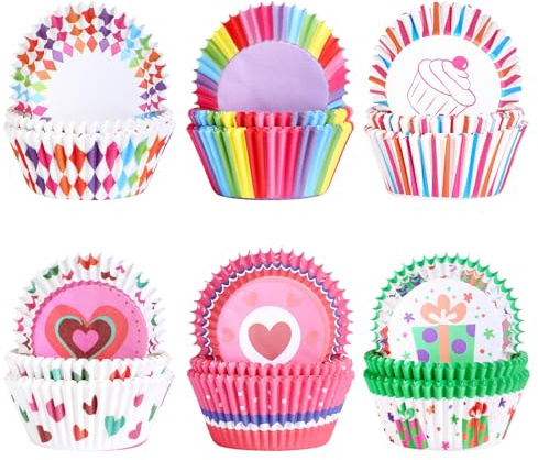 GWHOLE Cupcake Cases 300Pcs Muffin Cases for Baking Cake Cases Paper Wrappers Cases Liners, Rainbow Baking Cups for Birthdays, Parties, Weddings Decorations（ 6 Styles）