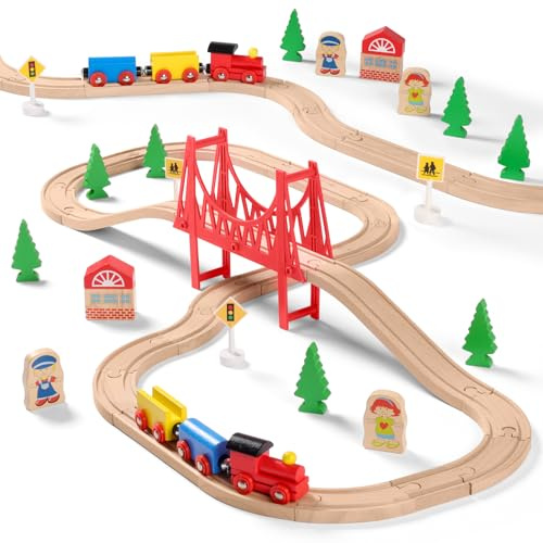 SainSmart Jr. Set di treni in legno per bambini con ponte sospeso, 37 pezzi binari in legno per Brio, Thomas, Melissa e Doug, giocattolo per treni dai 3 ai 5 anni in su