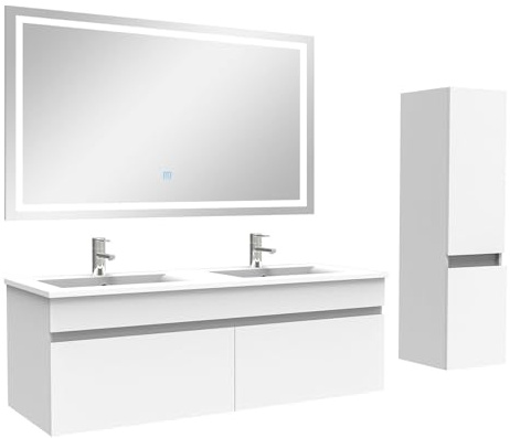 AICA Ensemble Meuble Salle de Bain 120cm Double Vasque avec Colonne + Miroir 3 Couleurs Blanc