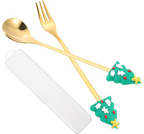 CIYODO Dessert Fork Spoon Set Christmas Cutlery Kit Stainless Steel Xmas Tableware Storage Case