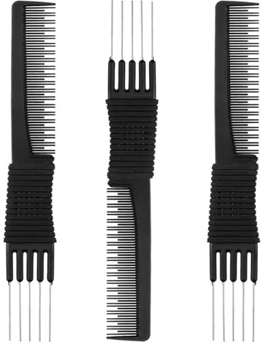 3 Pack Black Combs with Metal Prong - Salon Teasing Back Combs with Stainless Steel Lift (Style A)