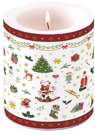 Ambiente Kerze Stumpenkerze Wachswindlicht Advent/Weihnachtsmotiv 10 cm hoch Brenndauer 45h Serie ornaments all over red kleine Symbole rot