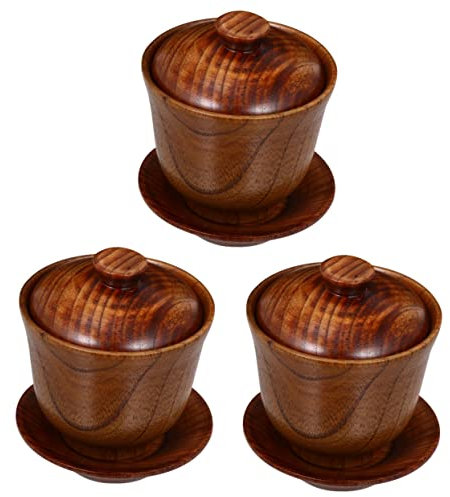 Amosfun 3 Juegos taza vasos de te tea set kit de te kit te set de te vasos antiguos tazón de té retro cuenco para preparar té juego de creativo de empresa de madera Brown