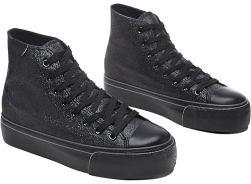 ALTOCIS High-Top-Glitzer-Sneaker, mittelhoch, Plateau, glitzernde Pailletten, niedlich, glänzend, modische Sneaker, glitzernde Plateau-Wanderschuhe, Komplett schwarzer Glitzer, 39 EU