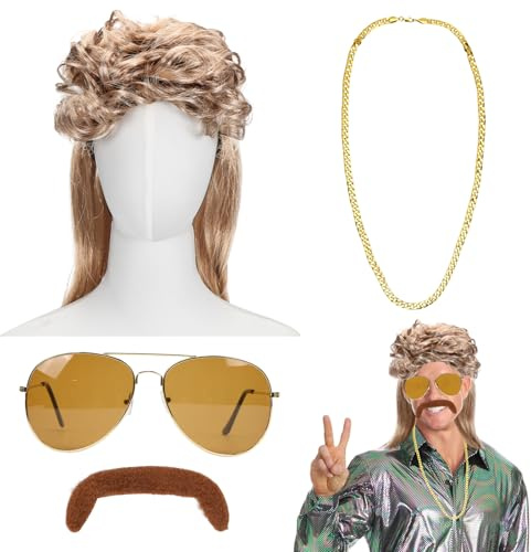 70er 80er Jahre Outfit Accessoires Herren, Vokuhila Perücke 4 Stück, Hippie Kostüm Herren, Perücke Männer Geeignet Für Halloween, Kostümfeste,Cosplay, Party