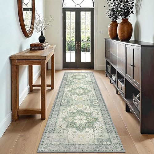 GENIMO Vintage Läufer Teppich Graugrün, Waschbar für Flur, 80x200 cm | Weicher Kurzflor, Rutschfeste Rückseite, Pflegeleicht für Küche und Korridor