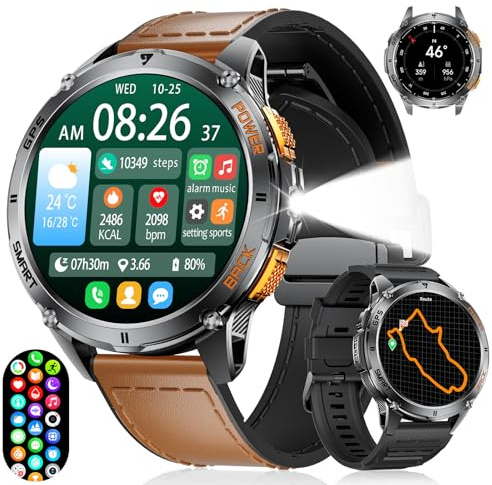 FOXBOX GPS Smart Watch for Men with LED Flashlight, 530mAh Extra Large Battery, 1.43'' AMOLED Military Smartwatch Answer/Make Call with Heart Rate SpO2 Sleep Monitor for Android iOS Brown