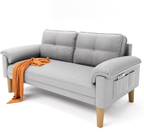 Xbro Divano a 2 Posti con Braccioli e Tasche Laterali, Piccolo Divano in Tessuto per Soggiorno, Appartamento, Ufficio, Facile da Montare, 145 x 77 x 77 cm, Grigio Chiaro