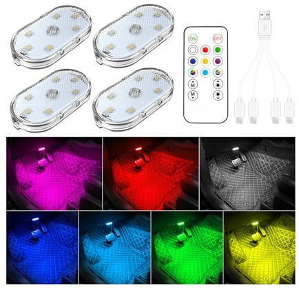 4 Stück Auto Led-Leuchten mit Fernbedienung, 7 Farben Auto-LED-Innenbeleuchtung, Umgebungsbeleuchtung im Autoinnenraum, Wiederaufladbares Auto-Innenleselicht, led-leuchten fürs Auto