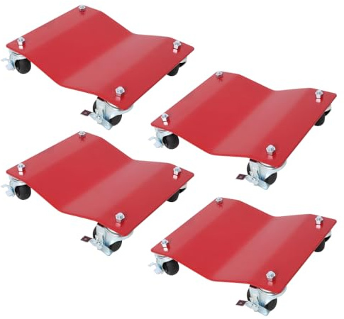 Homonova Wheel Dollies, 2500lbs Capacity Steel Car Dolly Set of 4 with Brakes, Heavy Duty Tire Skates for Vehicle Transport, Powder-Coated Finish, Red, Premium Auto Garage Equipment (Red)