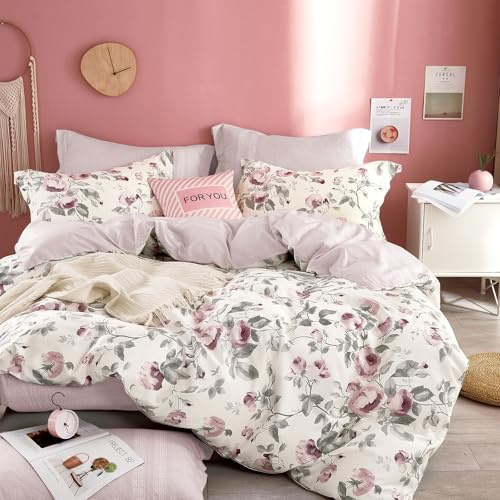 ALEISSEL Vintage 100% Cotton Duvet Cover Queen Size - Dusty Rose & Soft Gray Foliage on White, Blush French Striped Patchwork Reverse, Neutural Bedding Set 3Pcs with Button Closure (Queen,90x90)
