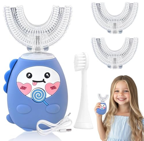 Dhqkqg Kids Electric Toothbrush, U-Shaped 360º Ultrasonic Toothbrush for Kids, Toddler Electric Toothbrus with 2 U Shaped Toothbrushes &1 Straight Brush Head, 3-Speed Adjustment, IPX7 Waterproof