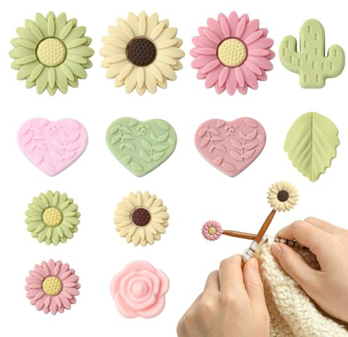 BEEFLYING 12 Pcs Heart Flower Silicone Knitting Needle Stoppers Fit Size 2-2.5mm Knitting Needles Point Protectors Stitch Stoppers Needle Caps for Sewing Crocheting Pen DIY Crafts