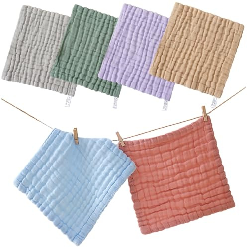 NIDONE 6 st baby rapdukar, 10 x 10 mjuka absorberande muslinrapdukar med hängande rep, hudvänliga multifunktionella bomullstrasor för spädbarn, nyfödda spädbarn