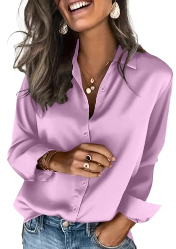 Chemisier en Satin pour Femme - Manches Longues - Chic et Élégant - Col en V - Couleur Unie Chemise Shirts Tops