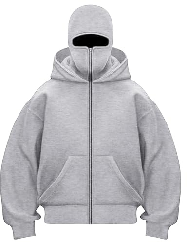 Sweat à Capuche Balaclava Zip Hoodie Zippé Homme Veste Pull Chaude Sweat Balaclava Cagoule Moto Masque Anti-Vent pour Sports de Plein Air Vélo Manteau Automne et Hiver Hoodie À Manches Longues