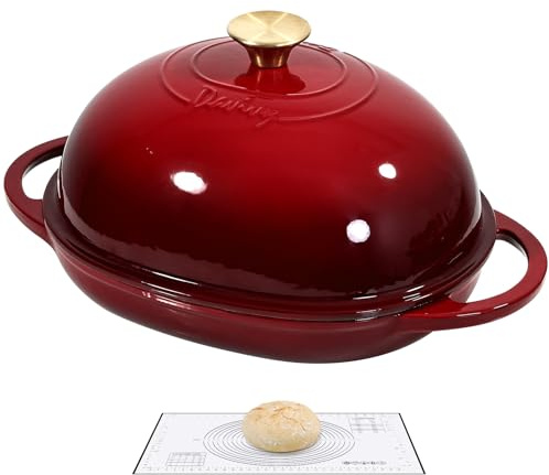 Davivy Cocotte ovale en fonte émaillée de 5,5 L pour pain au levain, cocotte de 6 l avec couvercle bombé, cocotte à pain en fonte (rouge rubis, avec tapis de cuisson en silicone)